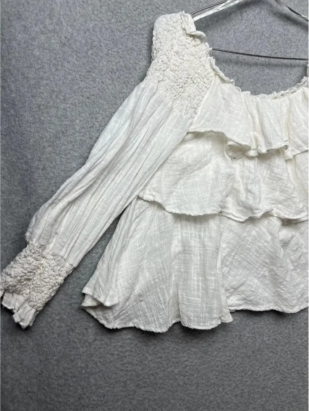 Zara Off The Shoulder Flowy Blouse Boho Long Sleeve Womens L Layer Ruffle Cotton